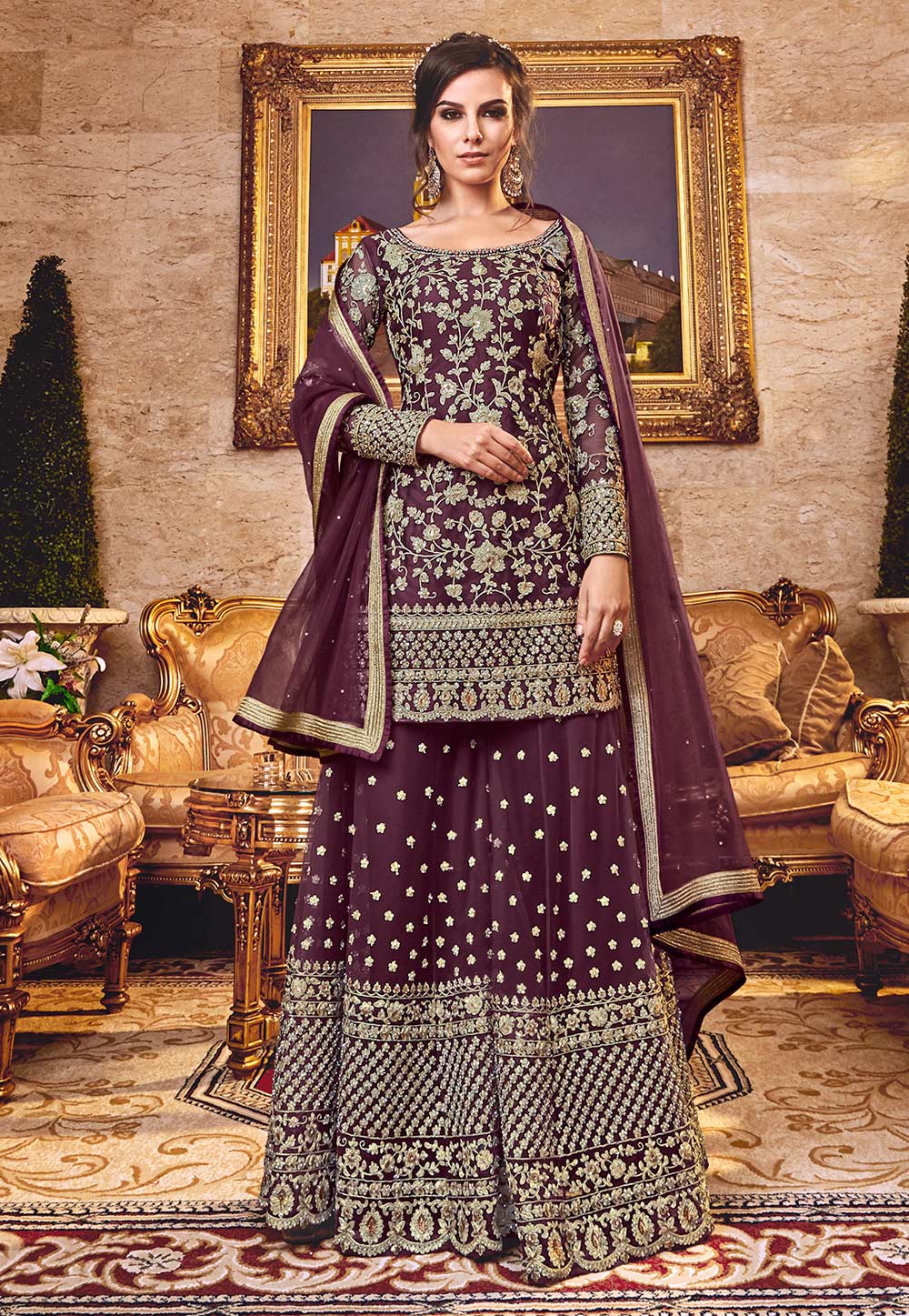 Purple Net Embroidered Palazzo Suit 190004