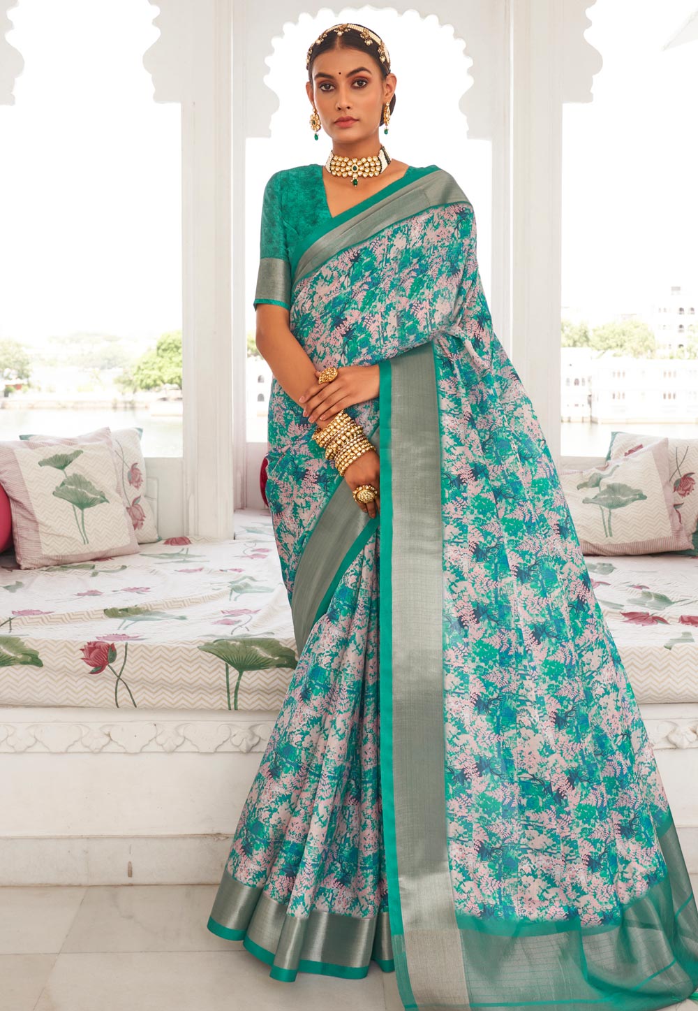 Sea Green Viscose Saree With Blouse 270396