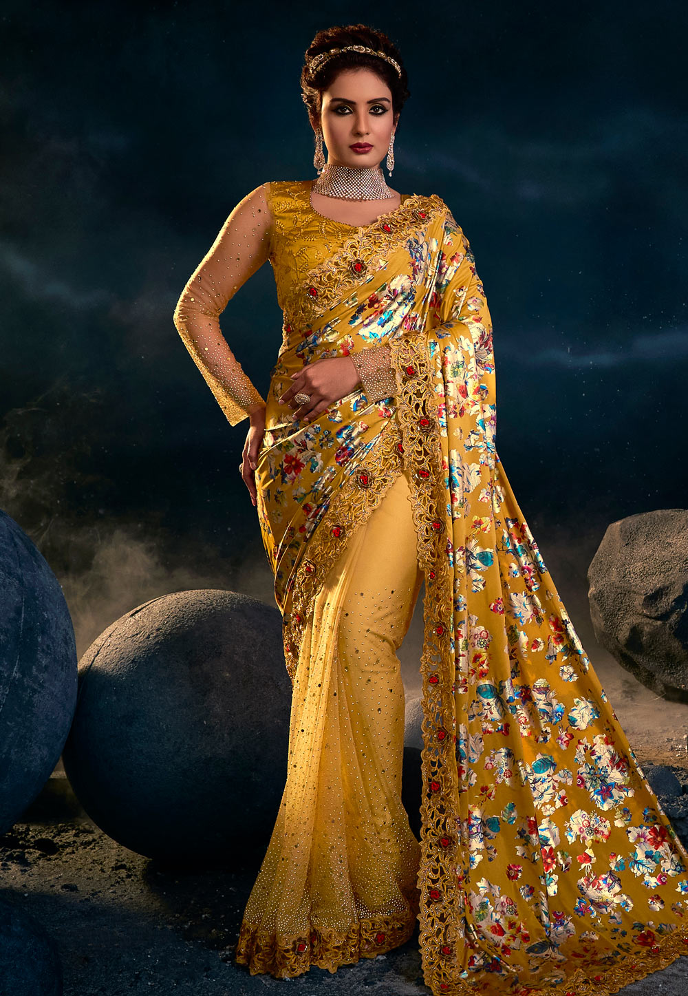Golden Net Saree With Blouse 250756