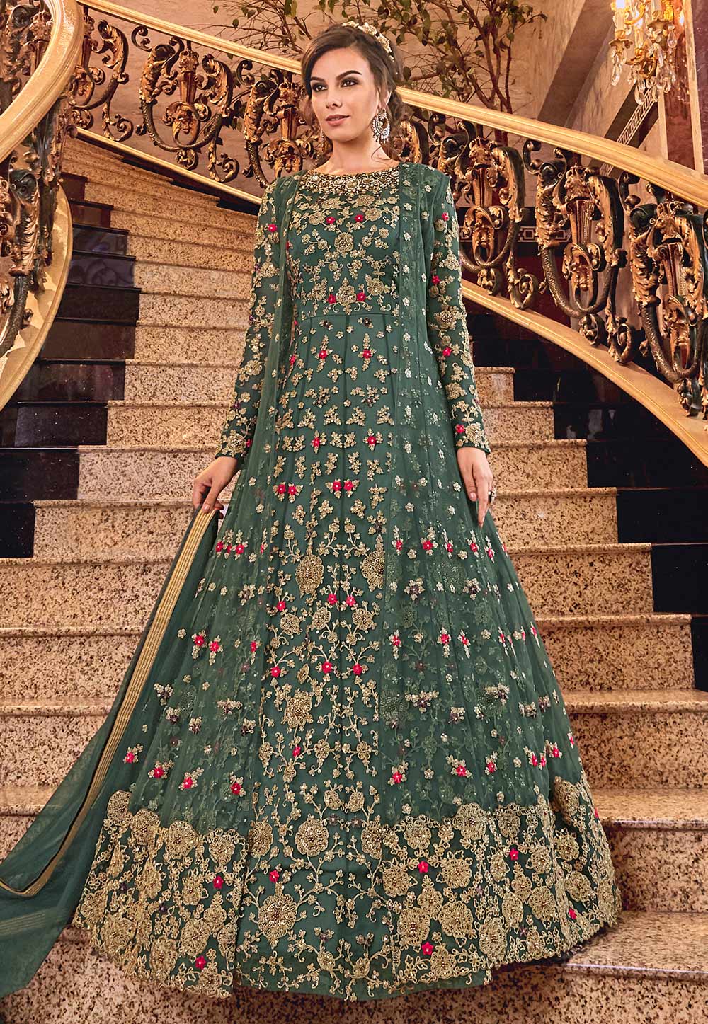 Shaded Green Net Embroidered Jacket Style Anarkali Suit 203070