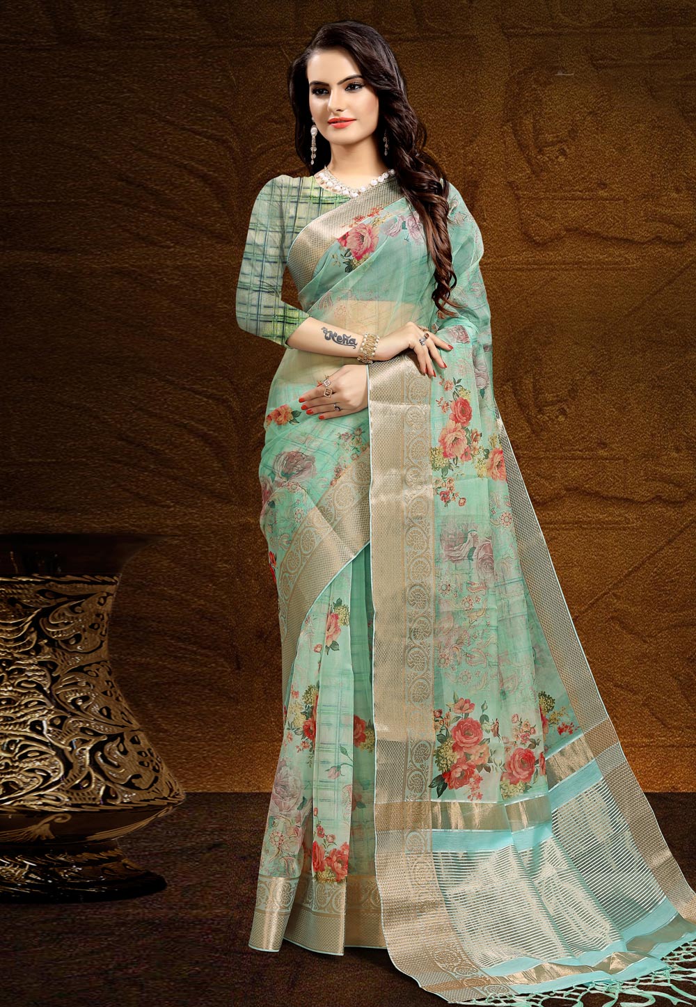 Light Green Organza Printed Saree With Blouse 227986