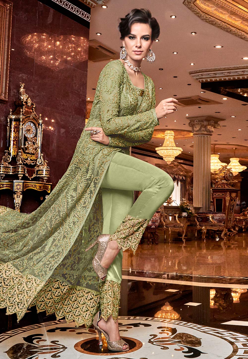 Light Green Net Embroidered Pant Style Suit 203072