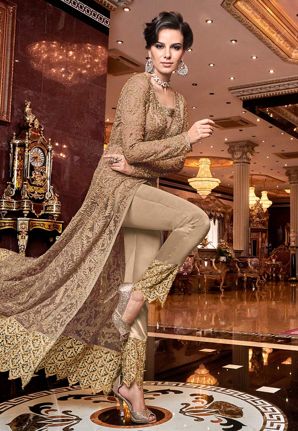 Beige Net Embroidered Pant Style Suit 190010