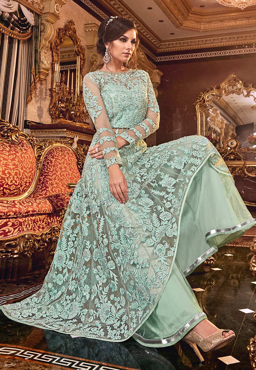 Sea Green Net Embroidered Kameez With Palazzo 190012