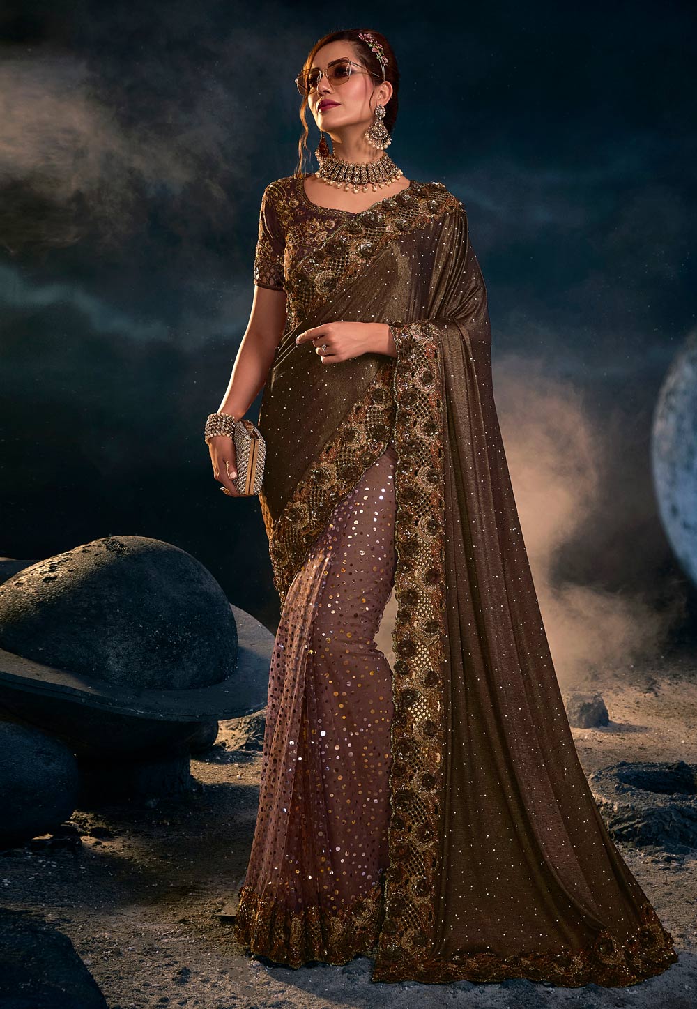 Brown Net Saree With Blouse 250760