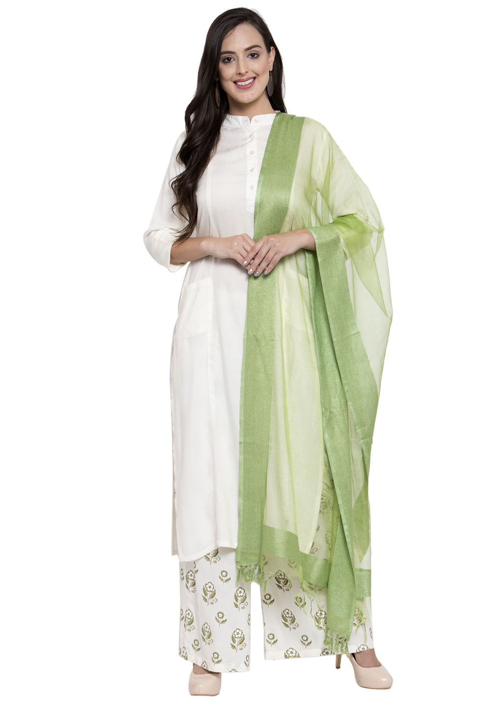 Off White Rayon Readymade Kameez With Palazzo 195007