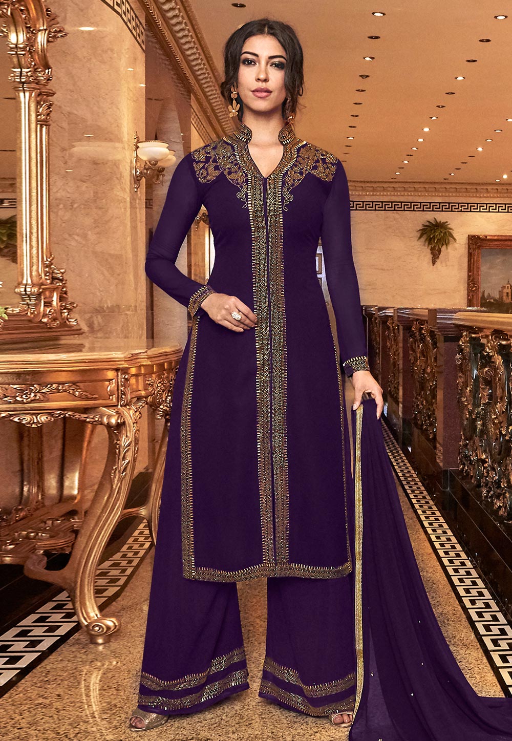 Purple Net Embroidered Palazzo Suit 190013