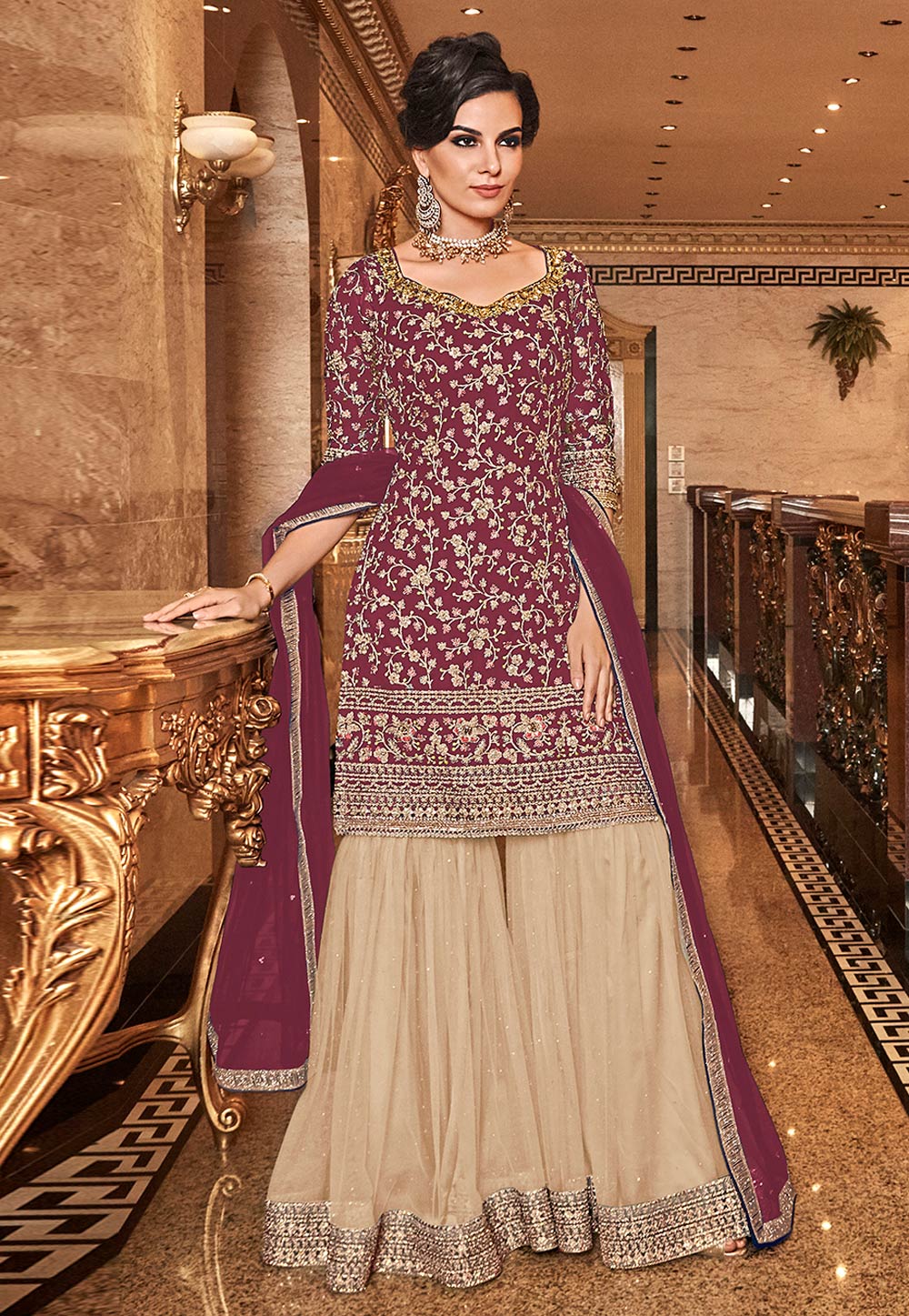 Maroon Net Embroidered Sharara Suit 203075