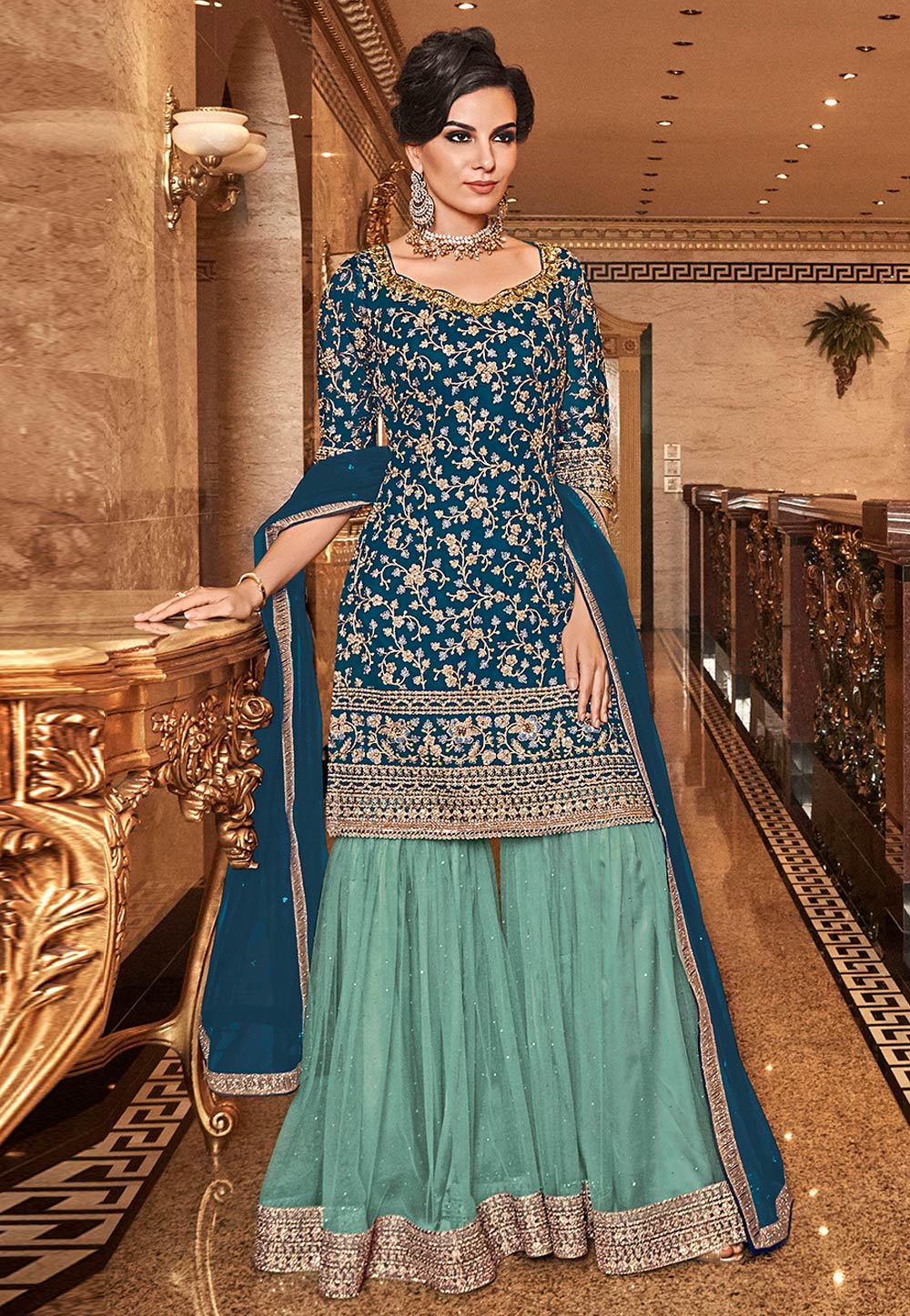 Blue Net Embroidered Sharara Suit 203076