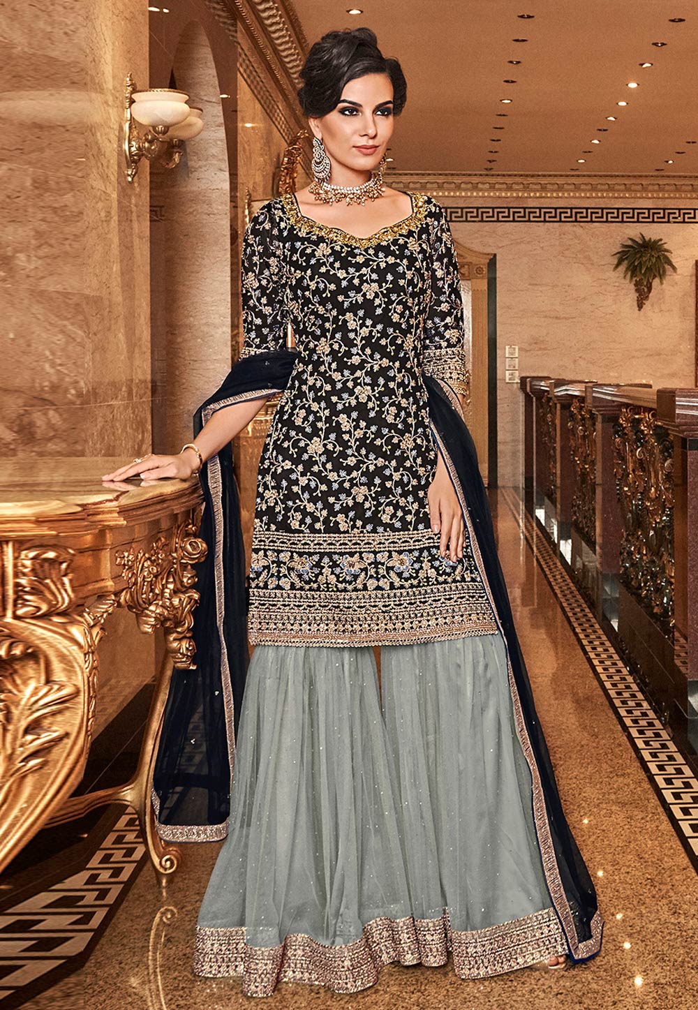 Black Net Embroidered Sharara Suit 203077