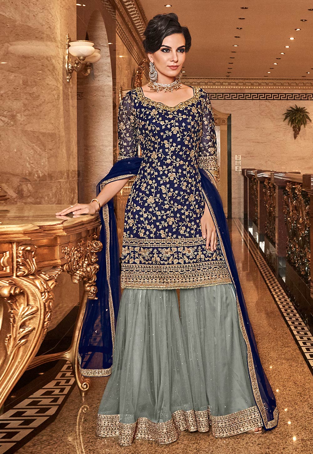 Blue Net Embroidered Sharara Suit 190014