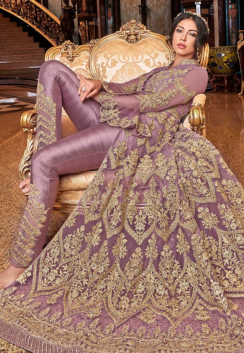 Light Purple Net Embroidered Pant Style Suit 190016