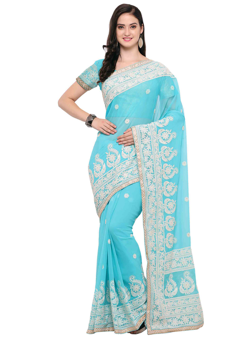 Sky Blue Georgette Saree With Blouse 104771