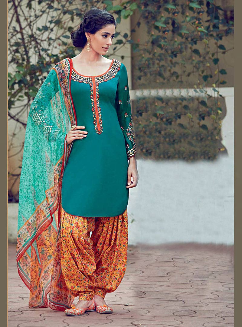 Sea Green Cotton Satin Punjabi Suit 70180