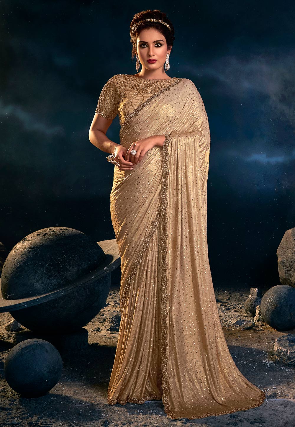 Beige Net Saree With Blouse 250765