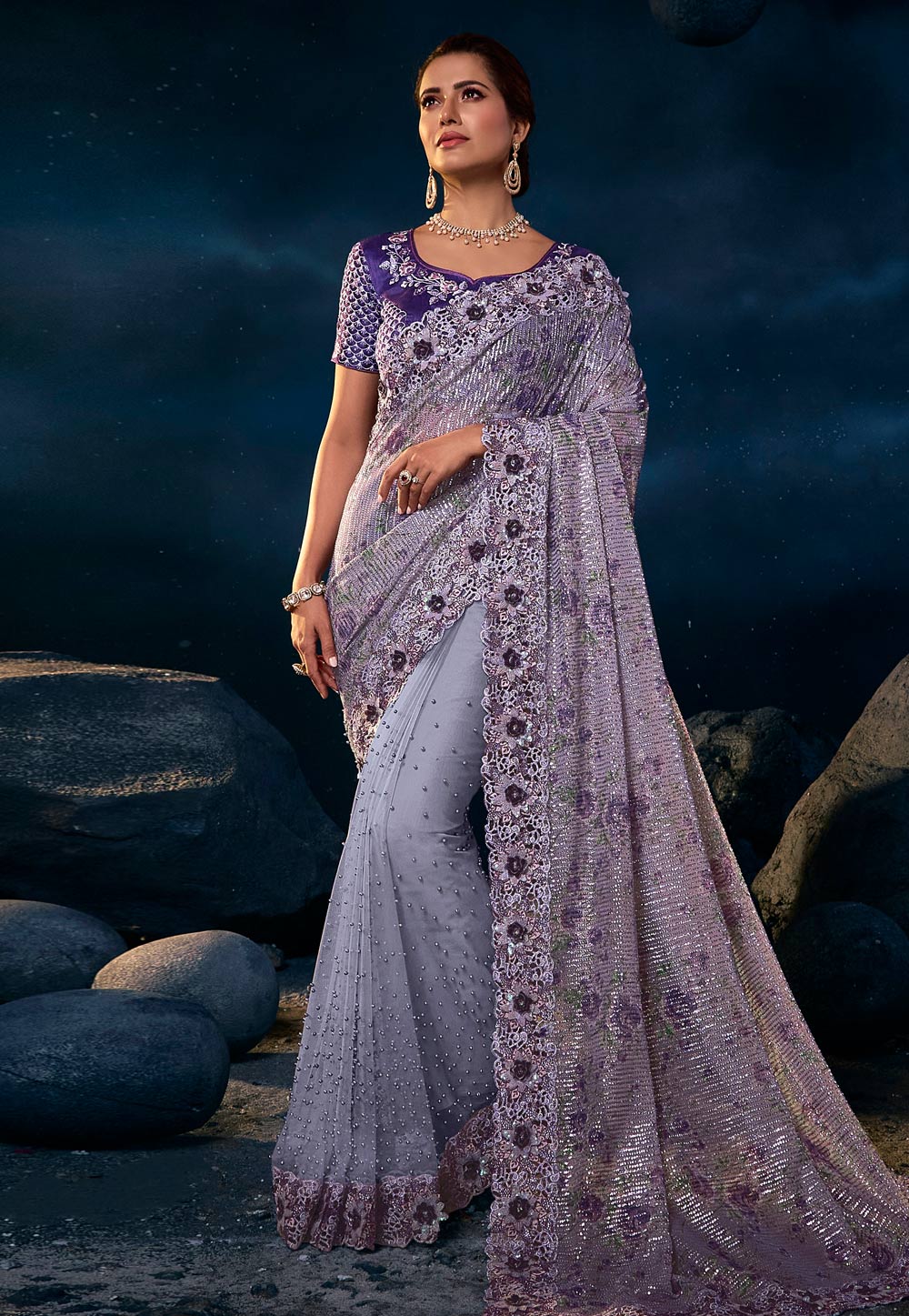 Light Purple Net Saree With Blouse 250767