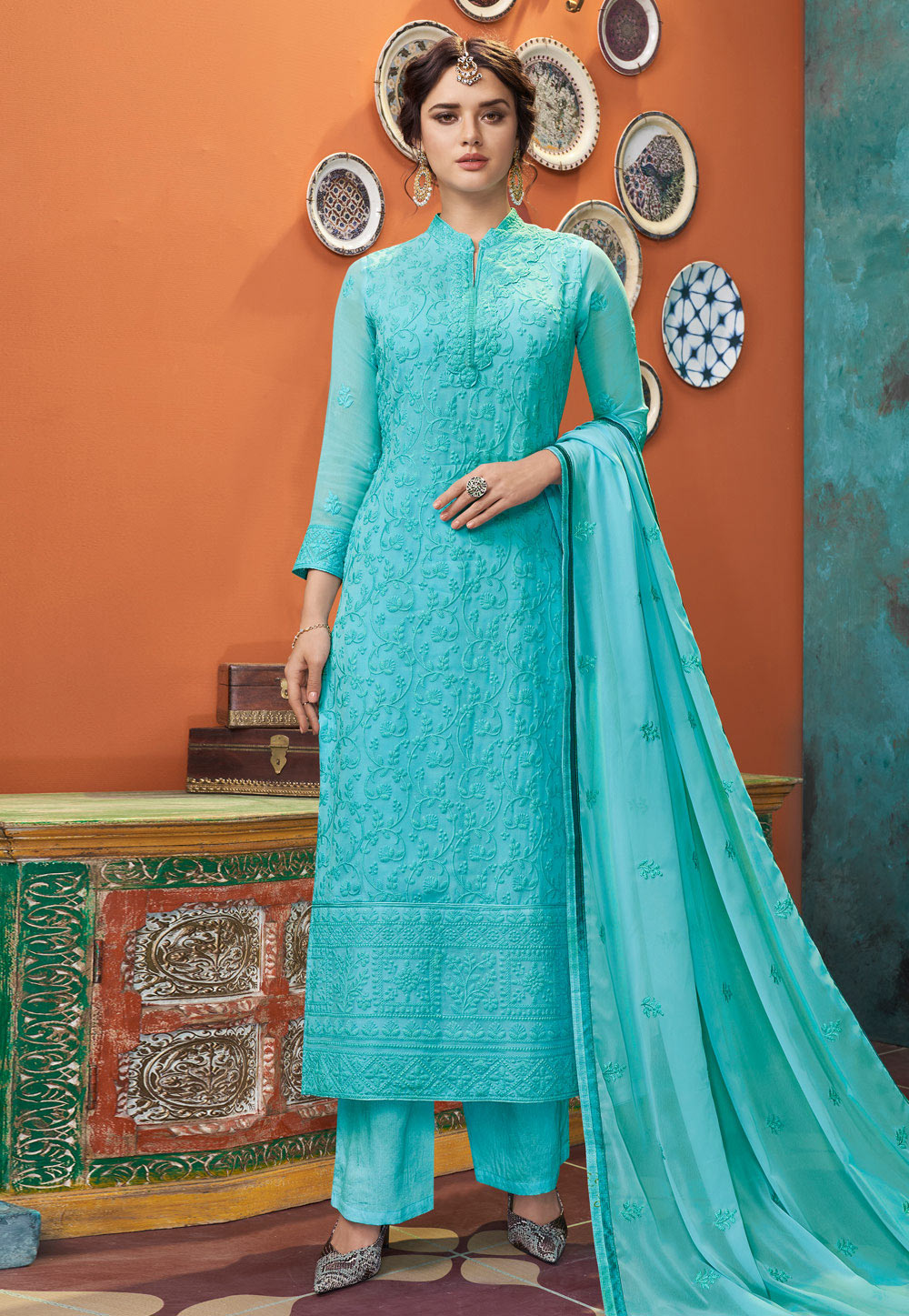 Sky Blue Georgette Readymade Palazzo Suit 210338