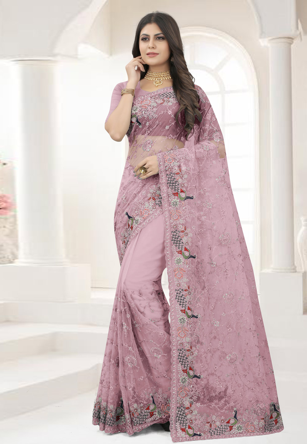 Light Pink Net Saree With Blouse 250293