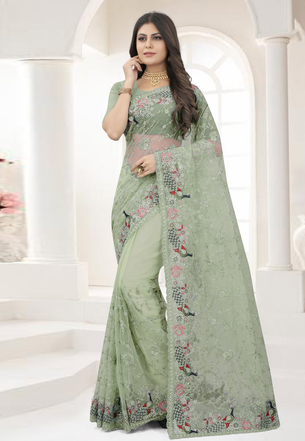 Pista Green Net Saree With Blouse 250295