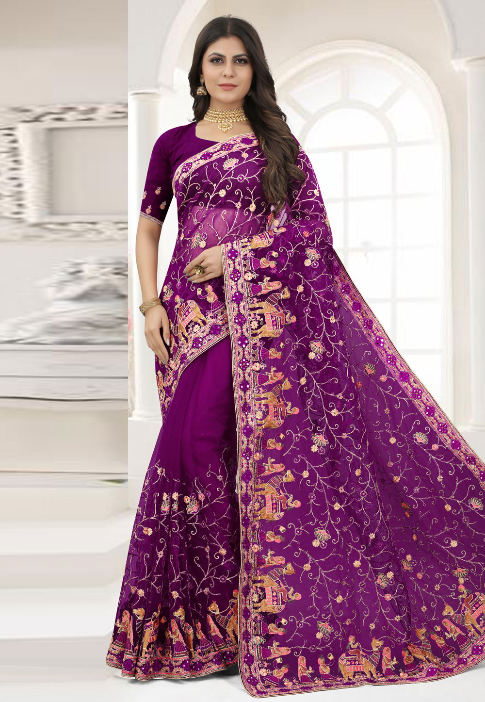 Purple Net Saree With Blouse 250297