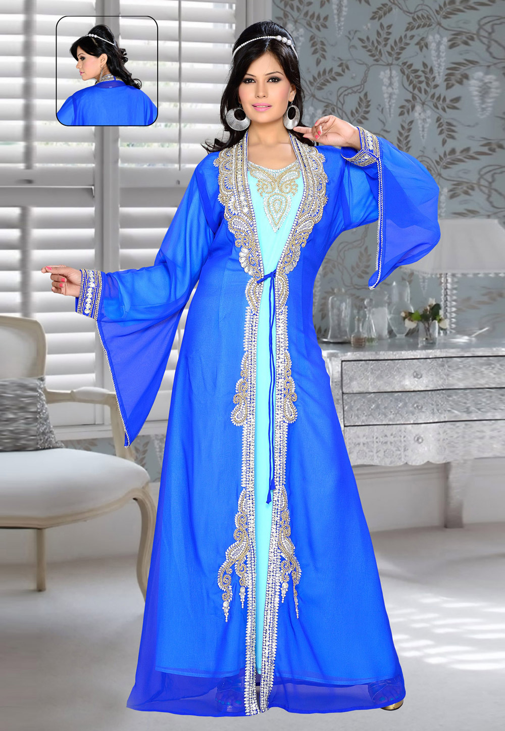 Blue Faux Georgette Embroidered Readymade Kaftan 194332