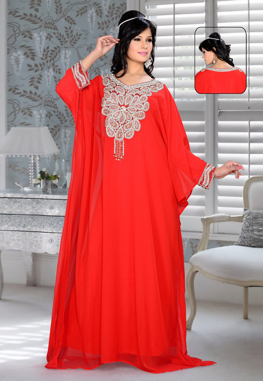 Red Faux Georgette Embroidered Readymade Farasha 194341
