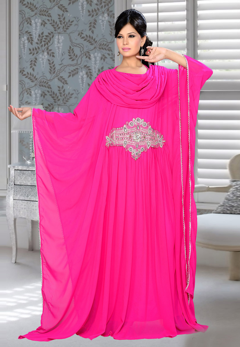 Pink Faux Georgette Embroidered Readymade Farasha 194343