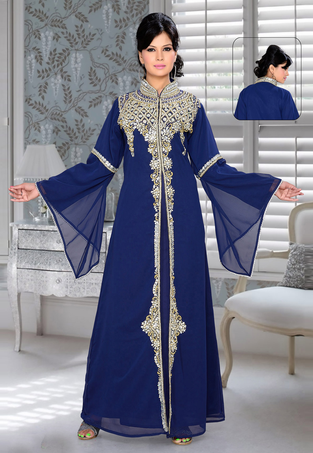 Navy Blue Faux Georgette Embroidered Readymade Kaftan 194346