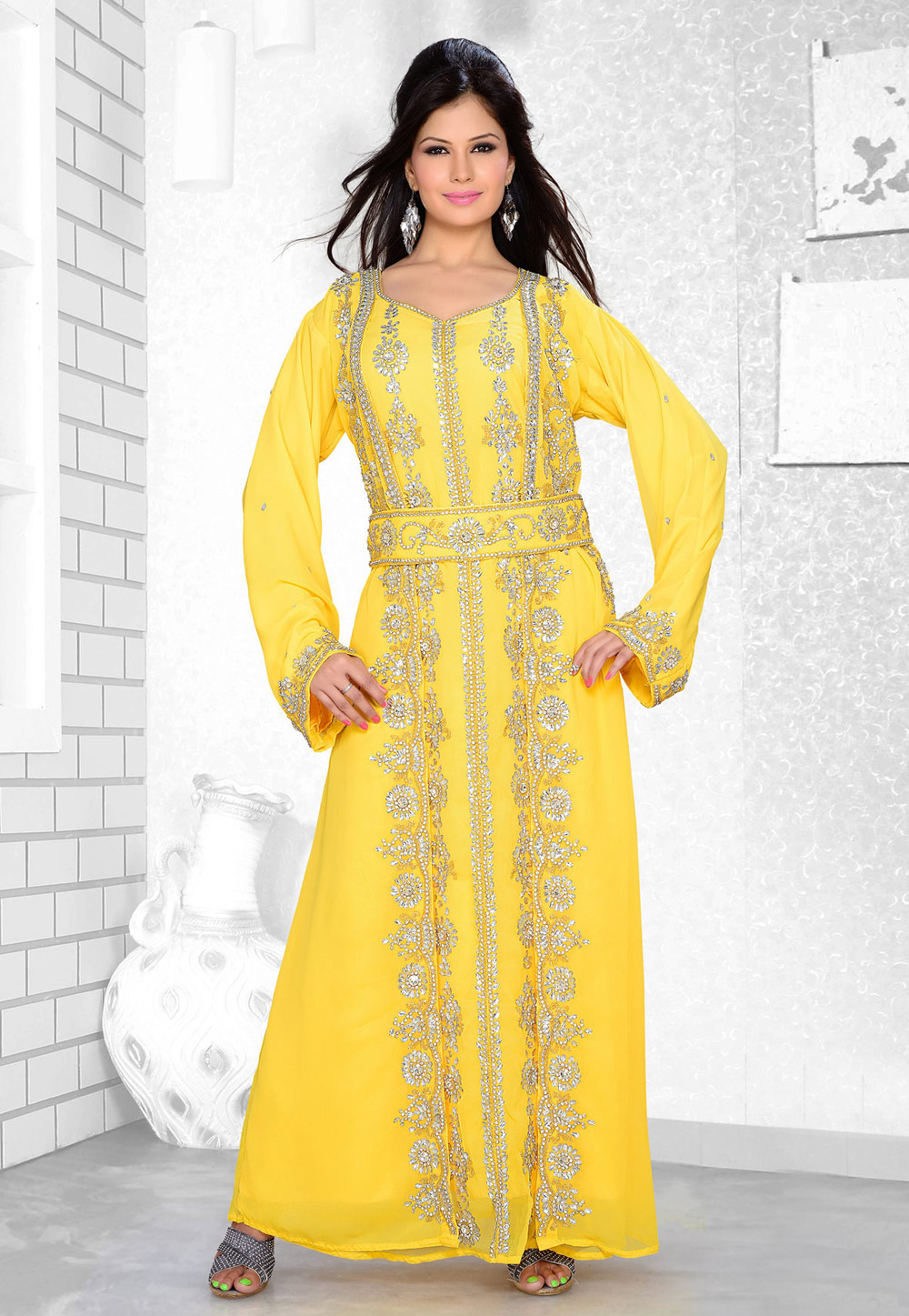 Yellow Faux Georgette Embroidered Readymade Kaftan 194347
