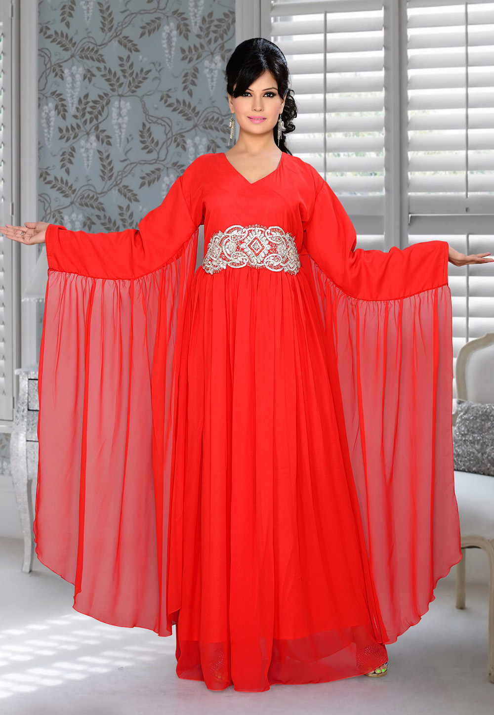 Red Faux Georgette Embroidered Readymade Farasha 194349