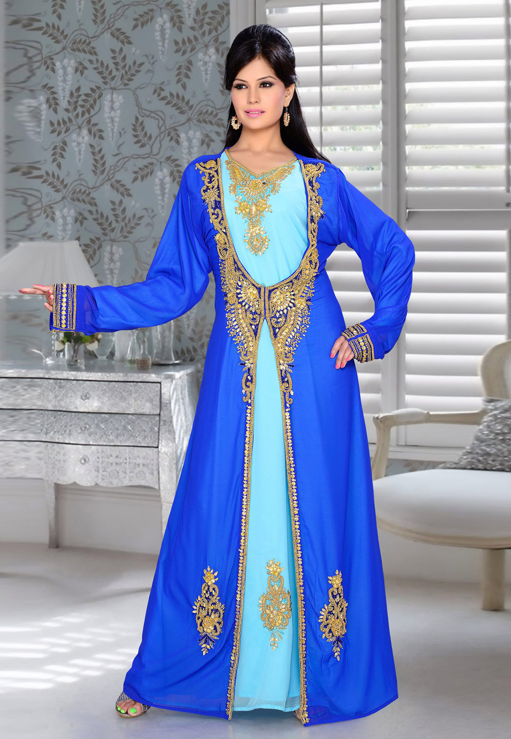 Blue Faux Georgette Embroidered Readymade Kaftan 194356