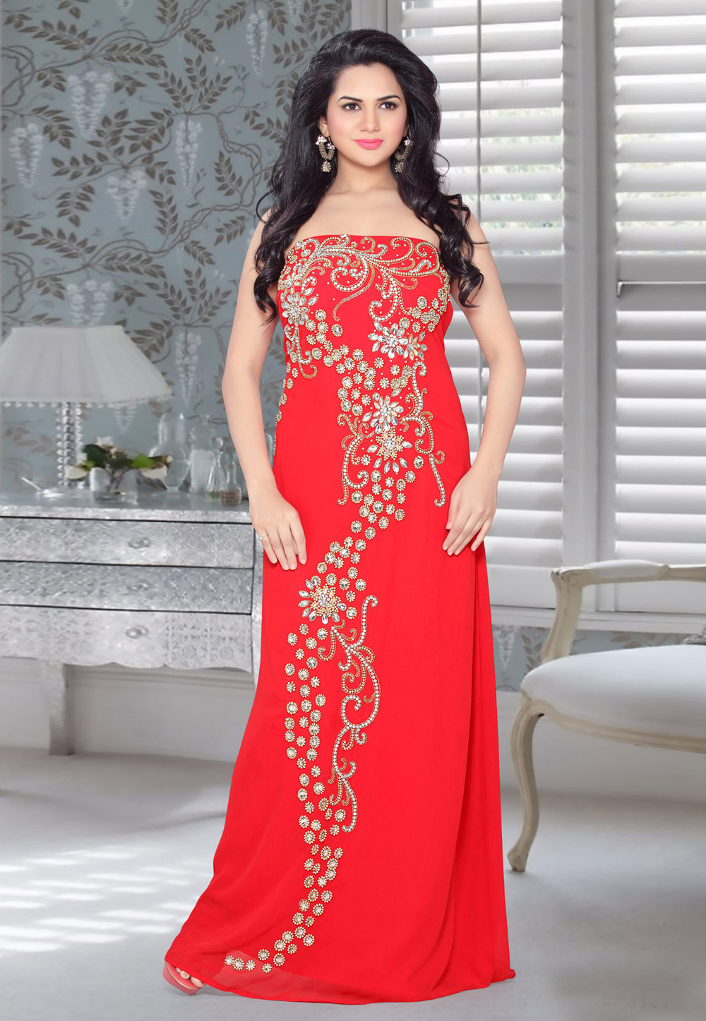 Red Faux Georgette Embroidered Readymade Fustan 194563