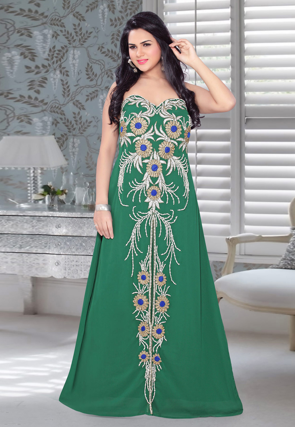 Green Faux Georgette Embroidered Readymade Fustan 194566