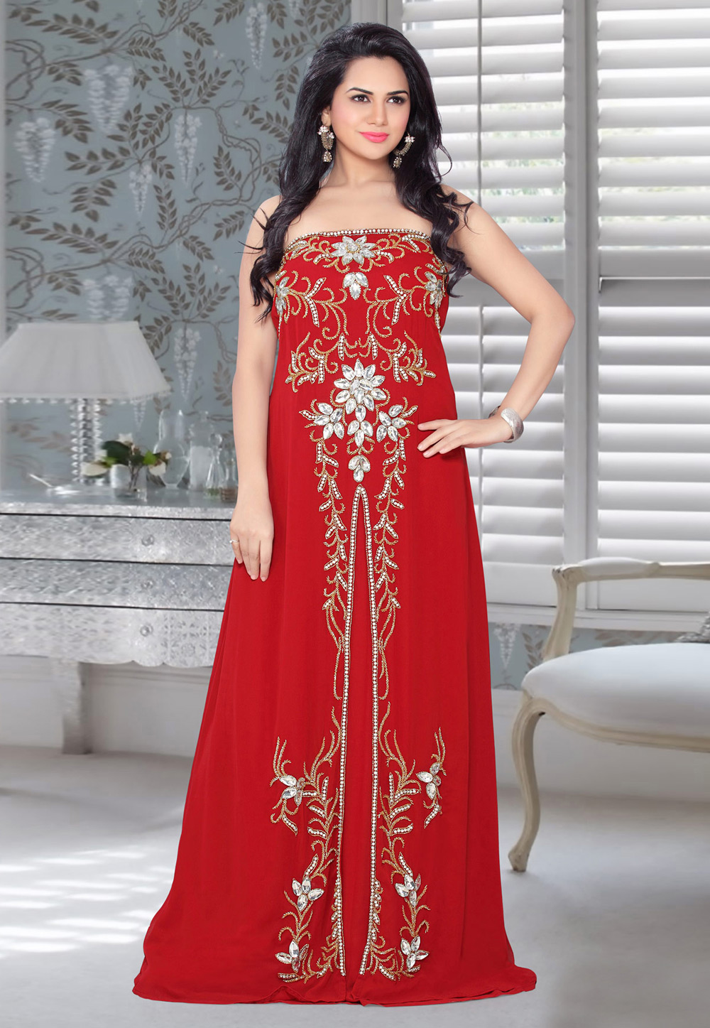Red Faux Georgette Embroidered Readymade Fustan 194567