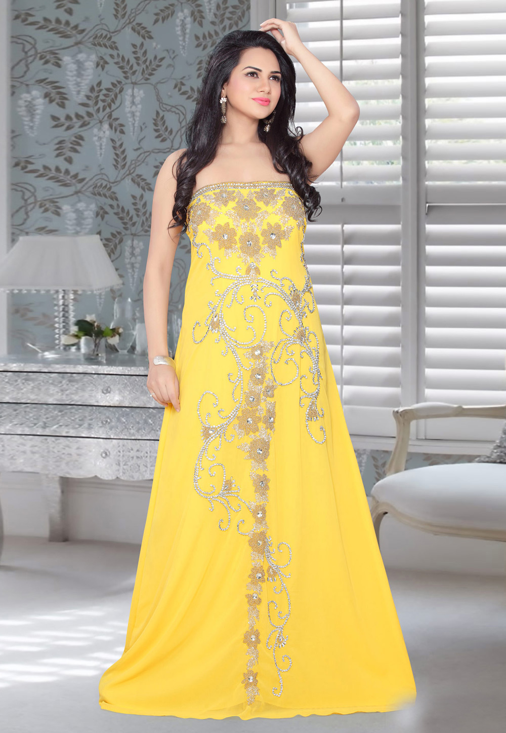 Yellow Faux Georgette Embroidered Readymade Fustan 194568
