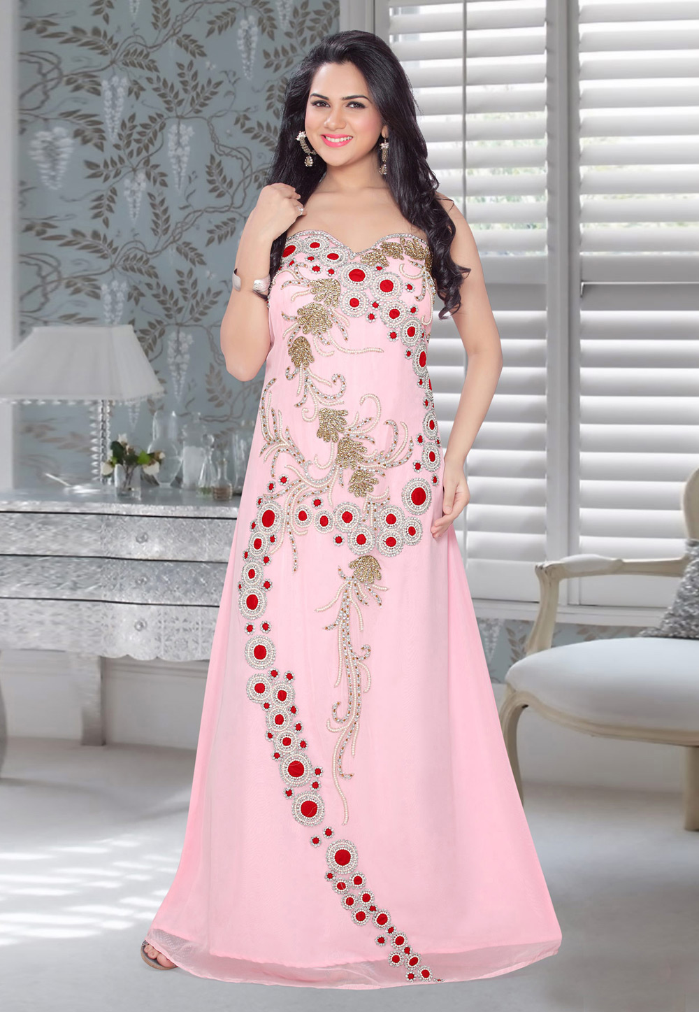 Light Pink Faux Georgette Embroidered Readymade Fustan 194570