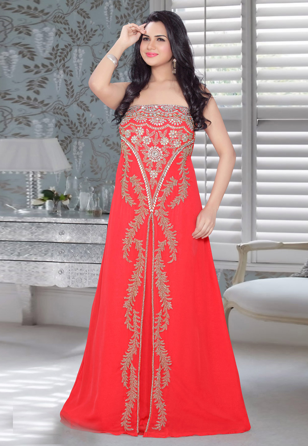 Red Faux Georgette Embroidered Readymade Fustan 194571
