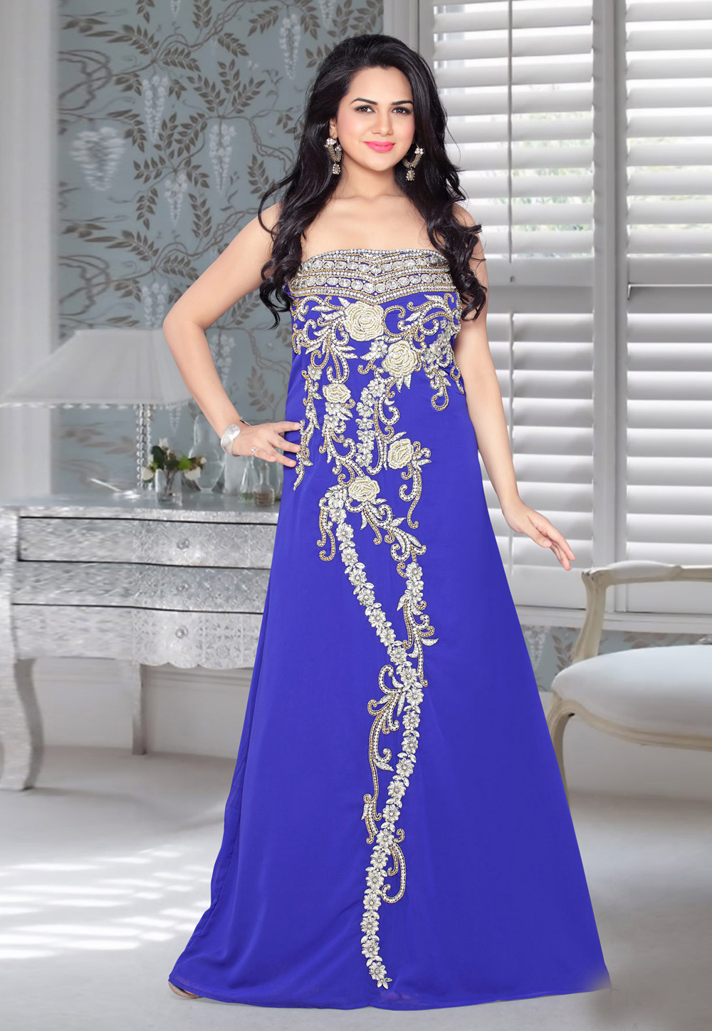 Blue Faux Georgette Embroidered Readymade Fustan 194573