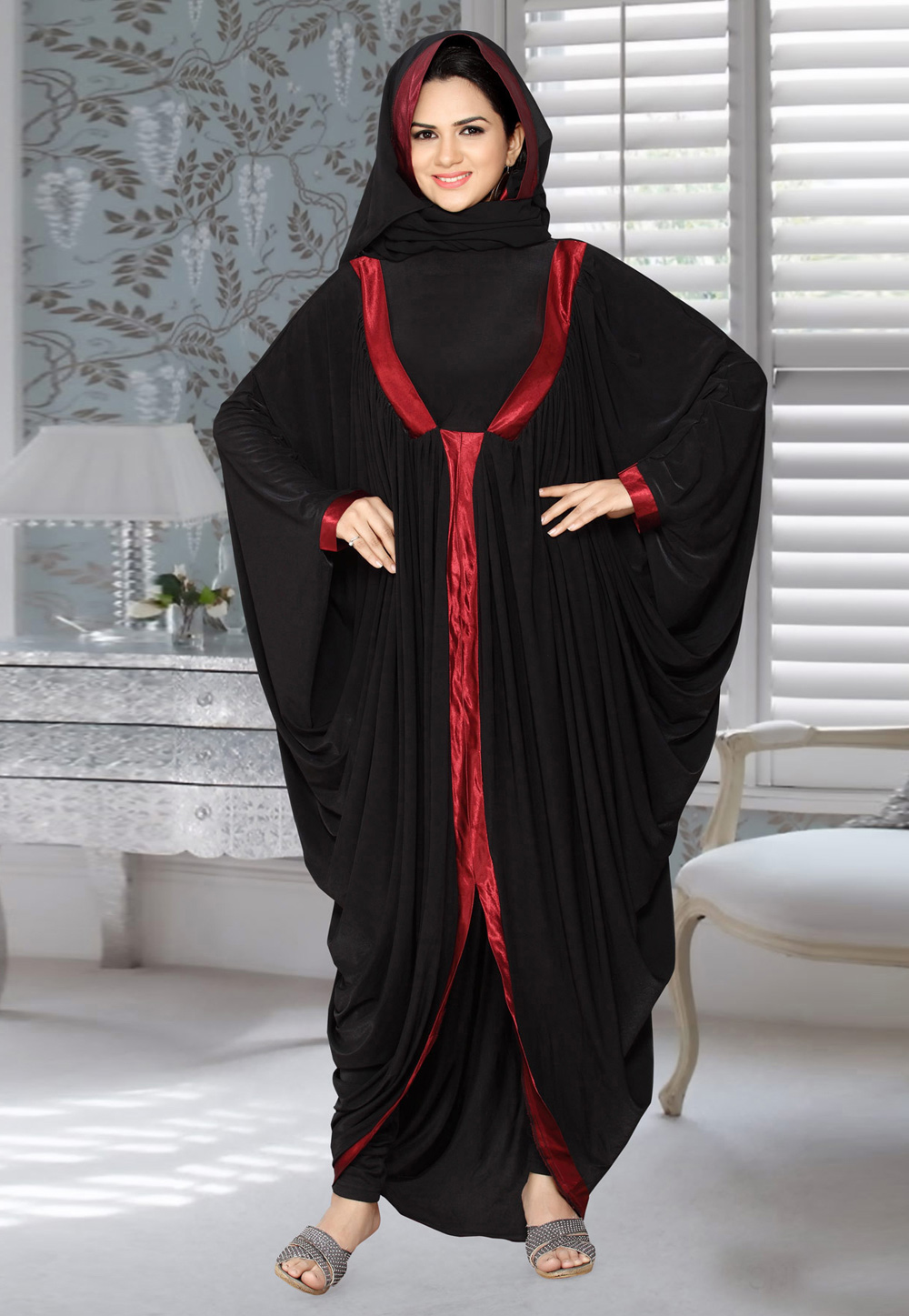 Black Lycra Embroidered Readymade Draped Style Abaya 194587