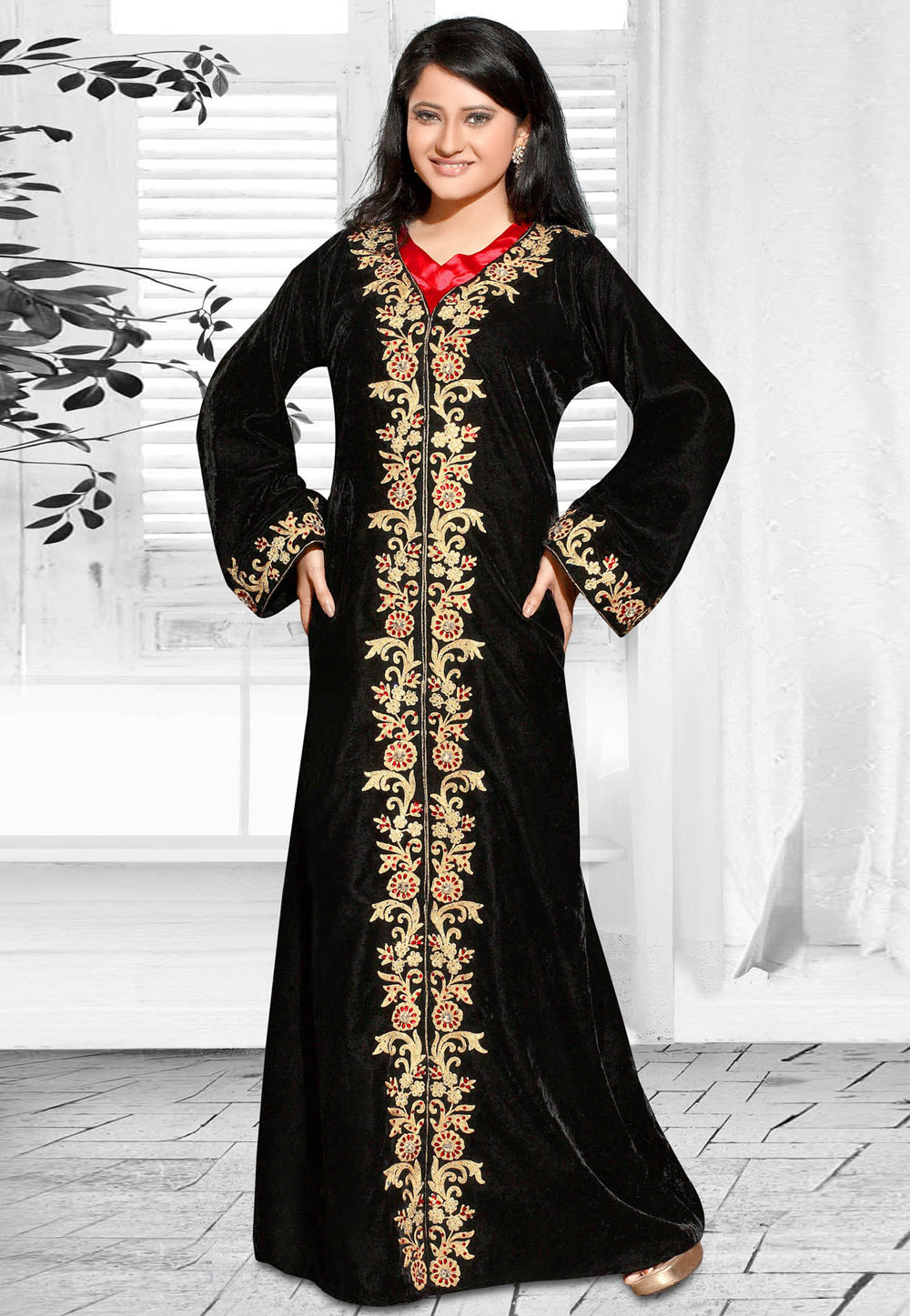 Black Faux Georgette Embroidered Readymade Kaftan 194597