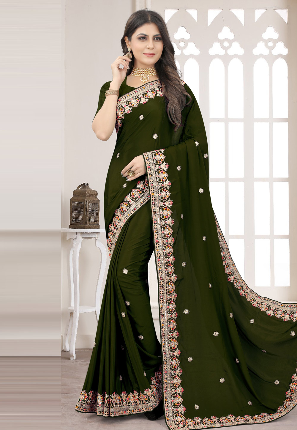 Mehndi Crepe Silk Saree With Blouse 249703