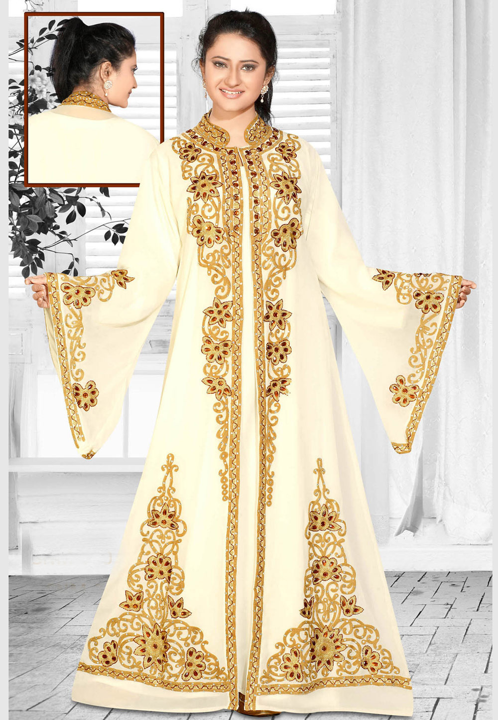 Cream Faux Georgette Embroidered Readymade Kaftan 194601