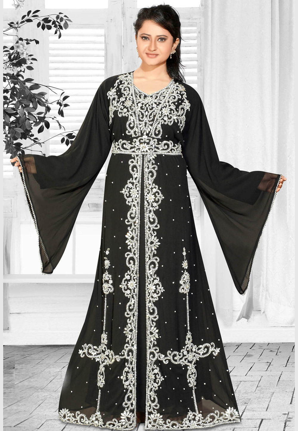 Black Faux Georgette Embroidered Readymade Kaftan 194605