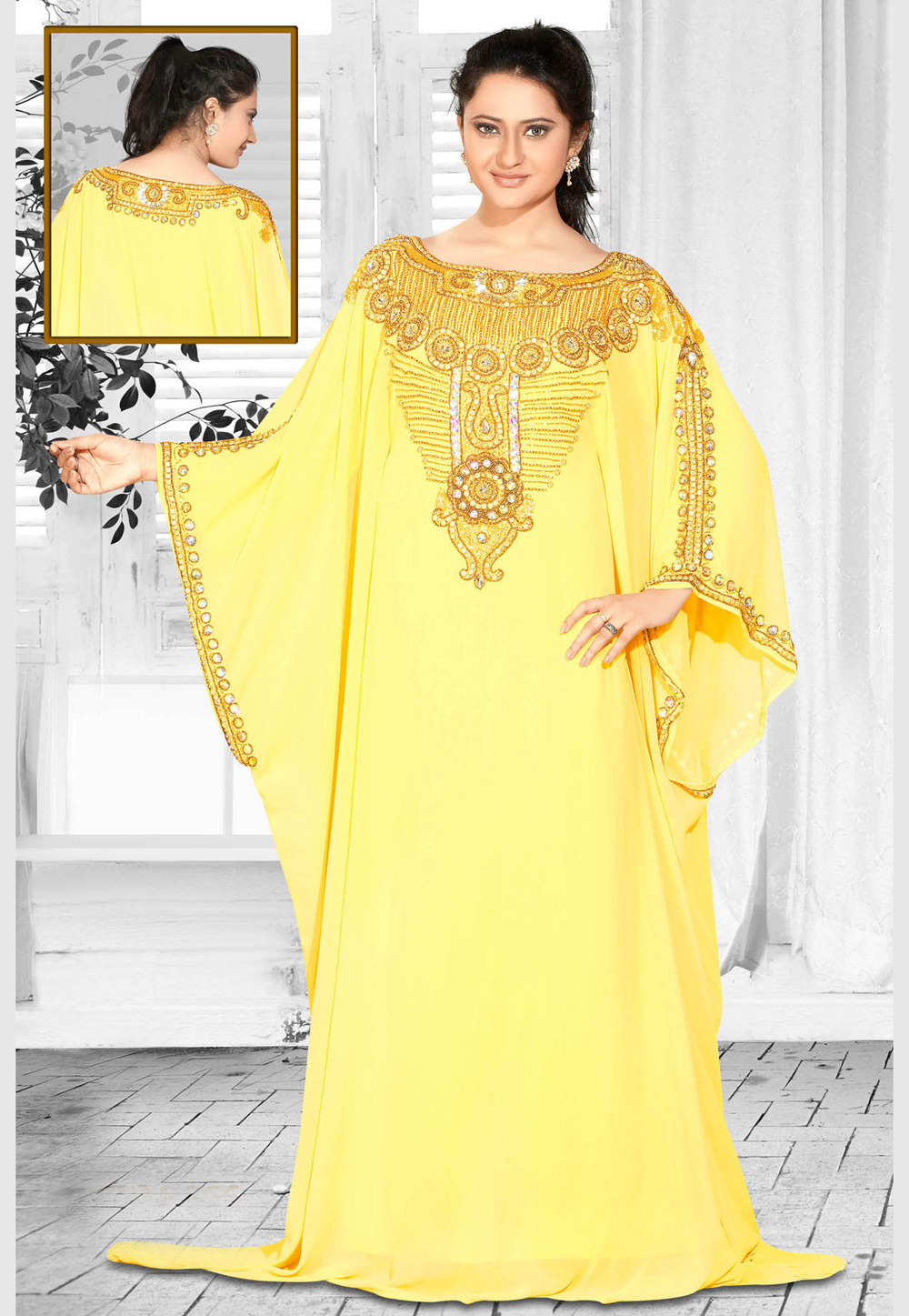 Yellow Faux Georgette Embroidered Readymade Farasha 194606