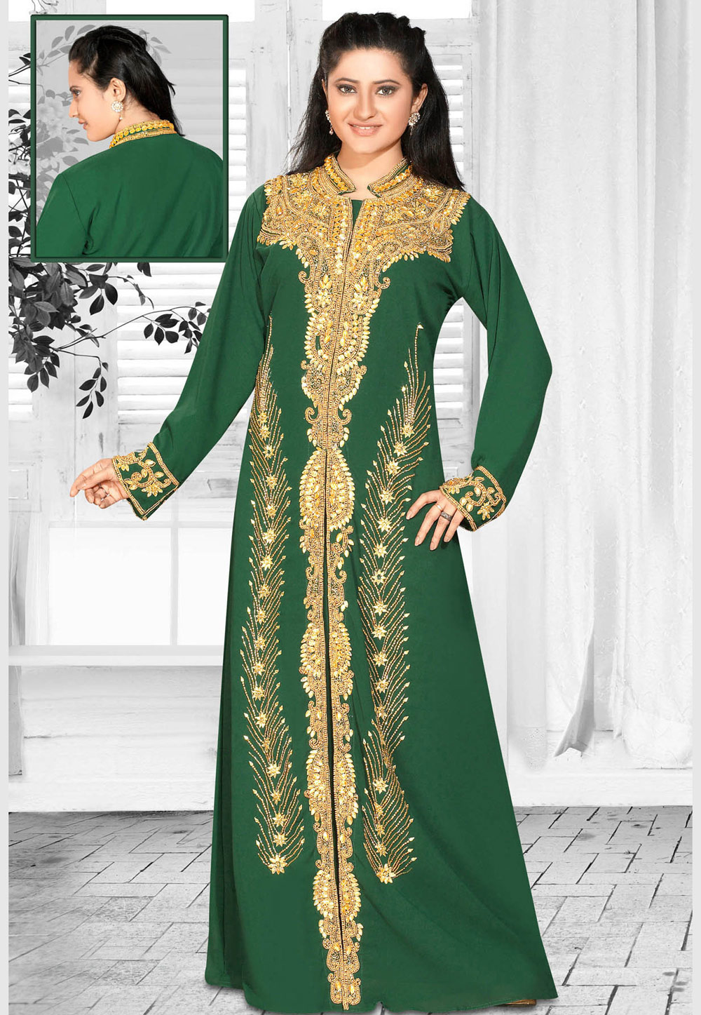 Green Faux Georgette Embroidered Readymade Kaftan 194607