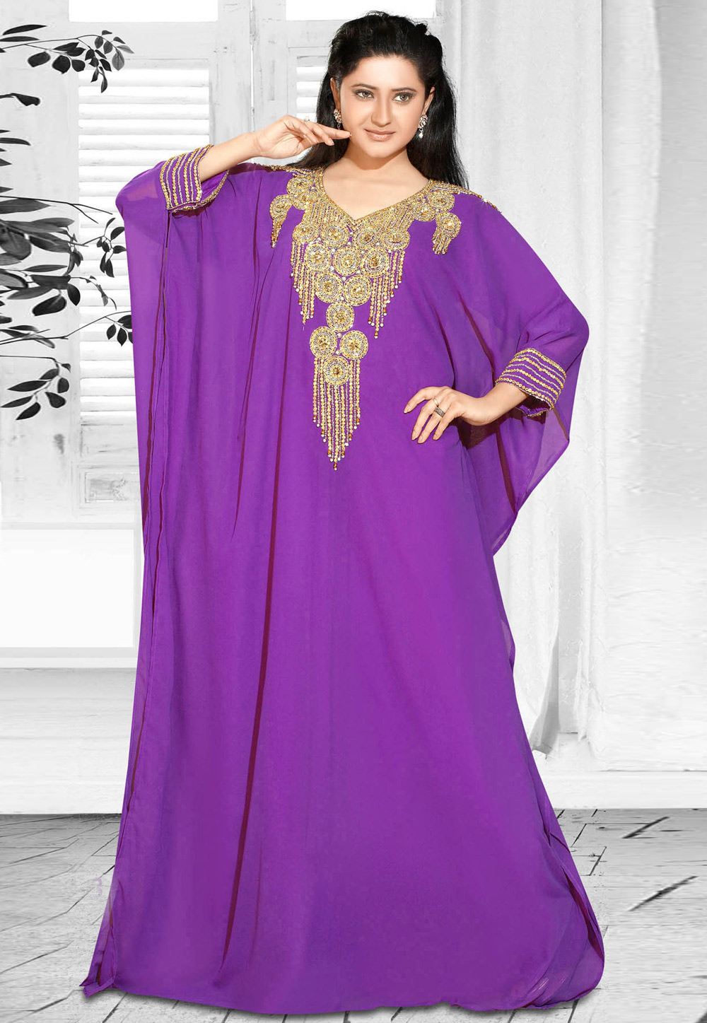 Purple Faux Georgette Embroidered Readymade Farasha 194610