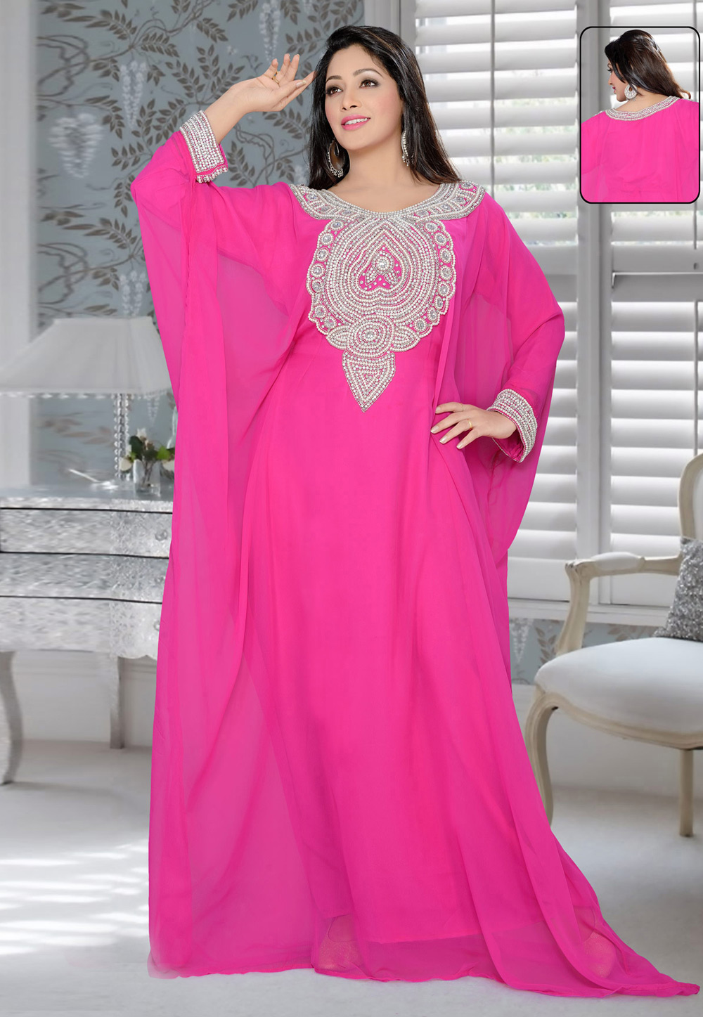 Pink Faux Georgette Embroidered Readymade Farasha 194612