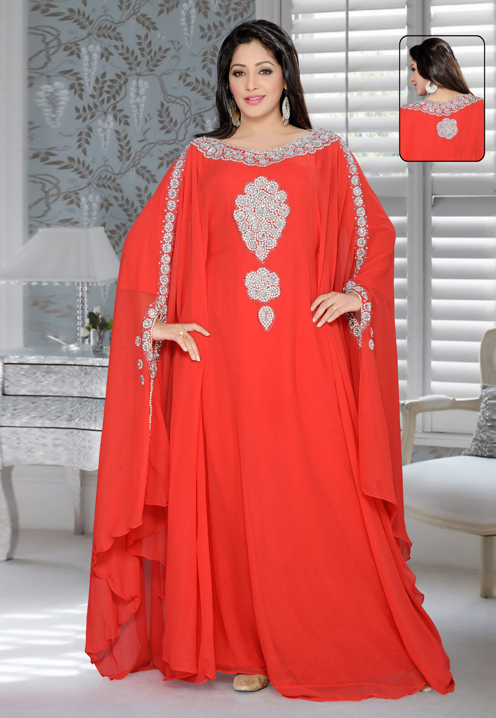 Red Faux Georgette Embroidered Readymade Farasha 194615