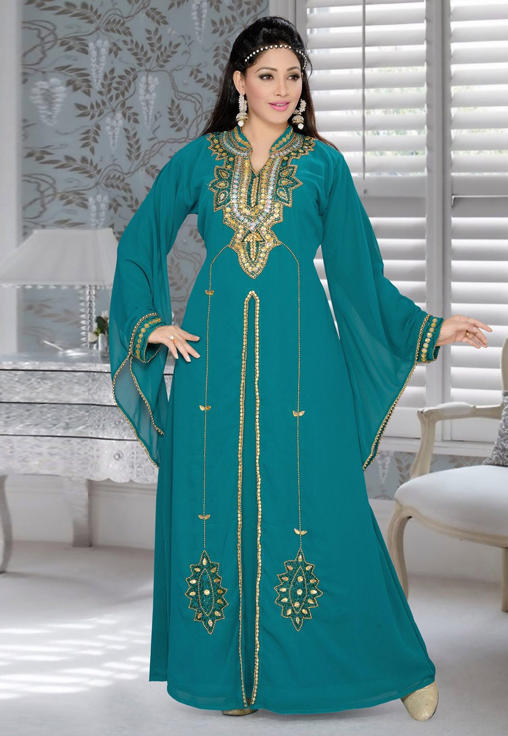Teal Faux Georgette Embroidered Readymade Kaftan 194367