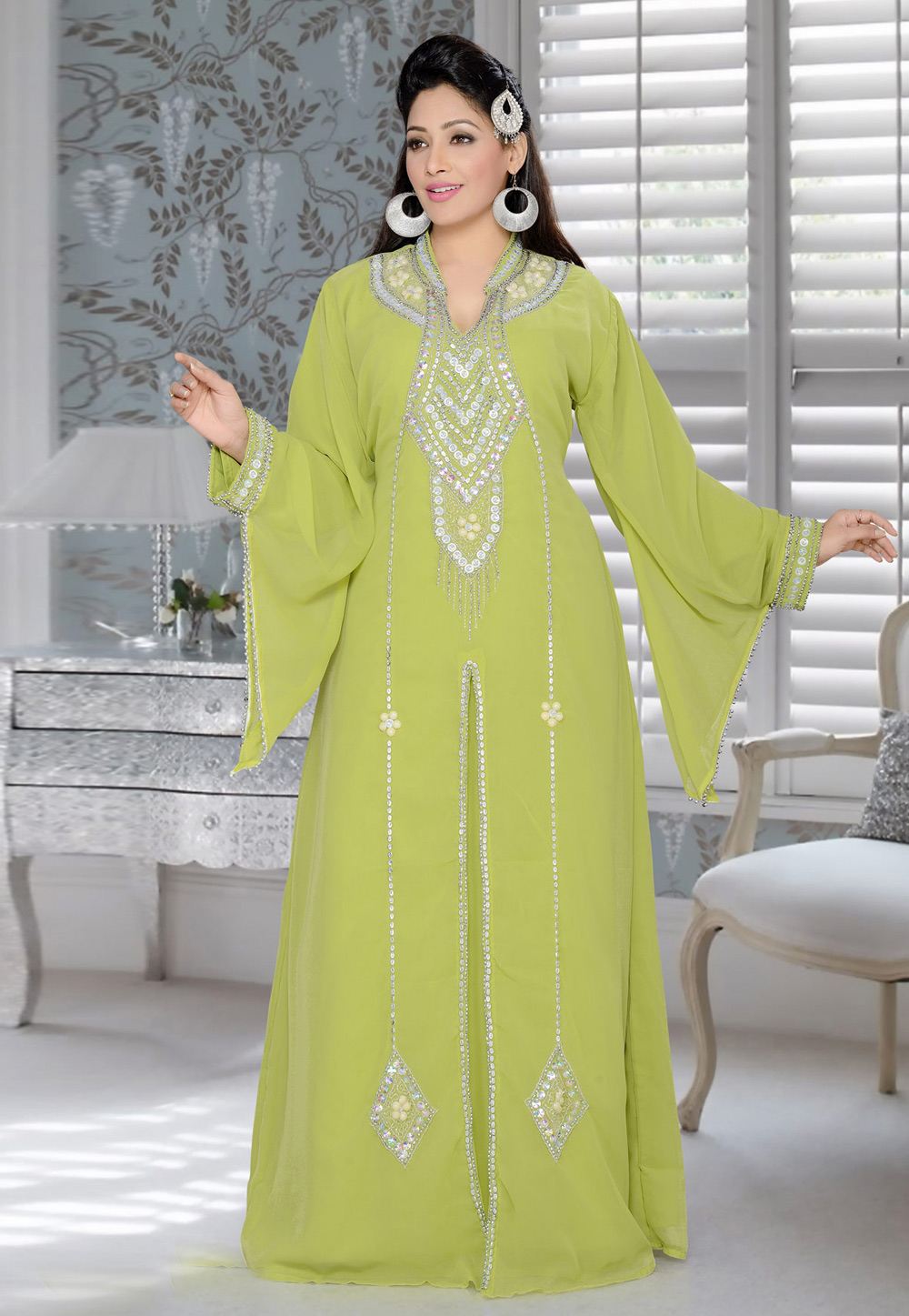 Light Green Faux Georgette Embroidered Readymade Kaftan 194368